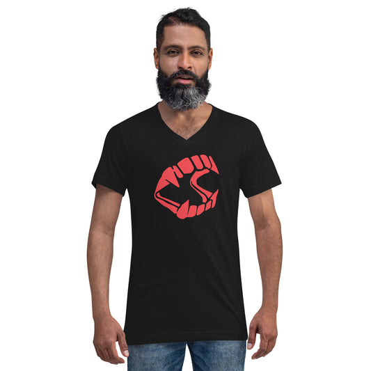 Red Novelty Vampire Fangs design on unisex V-neck shirt, front view
