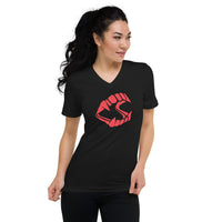 Red Novelty Vampire Fangs design on unisex V-neck shirt, front view
