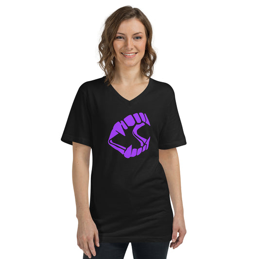 Purple Novelty Vampire Fangs design on unisex V-neck shirt, front view