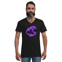 Purple Novelty Vampire Fangs design on unisex V-neck shirt, front view