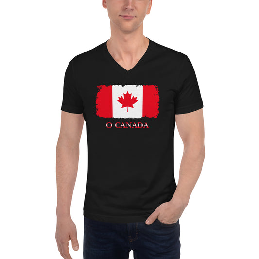 Canada Maple Leaf Flag design on unisex V-neck shirt, front view