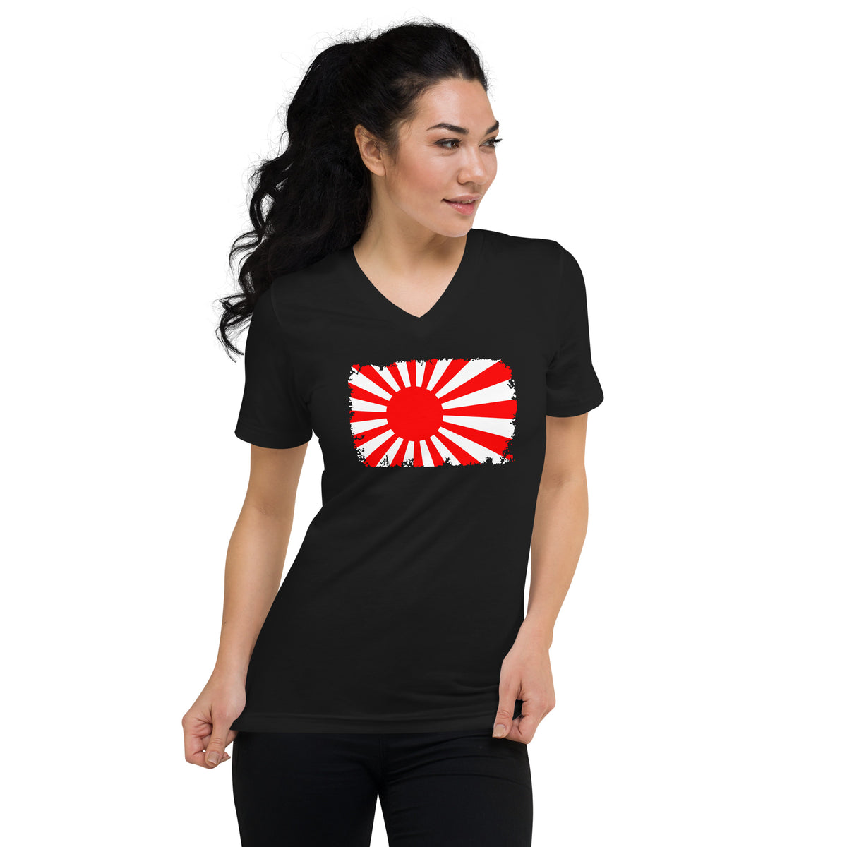 Japan Rising Sun Flag design on unisex V-neck shirt, front view
