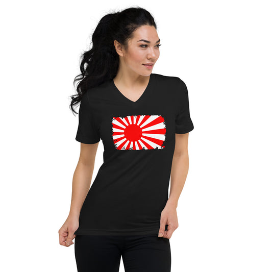 Japan Rising Sun Flag design on unisex V-neck shirt, front view