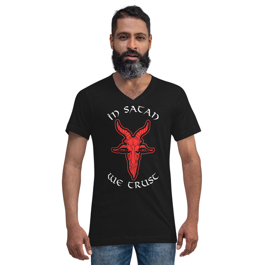 In Satan We Trust 666 Goat Head design on unisex V-neck shirt, front view