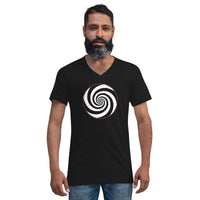 Hypnotic Spiral Illusion design on unisex V-neck shirt, front view