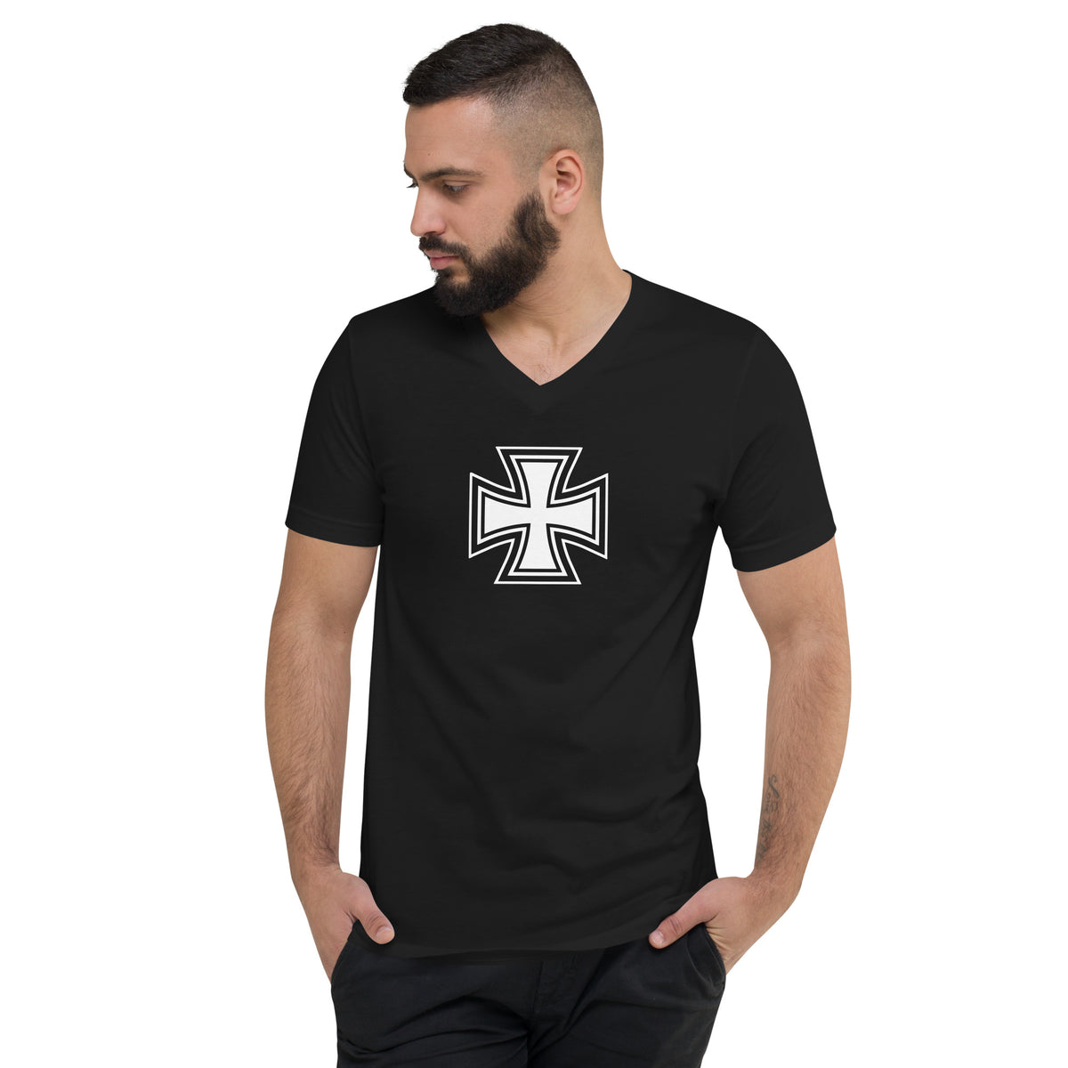 Black White Iron Cross design on unisex V-neck shirt, front view