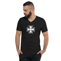 Black White Iron Cross design on unisex V-neck shirt, front view