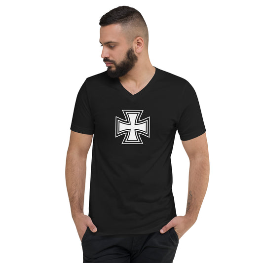 Black White Iron Cross design on unisex V-neck shirt, front view