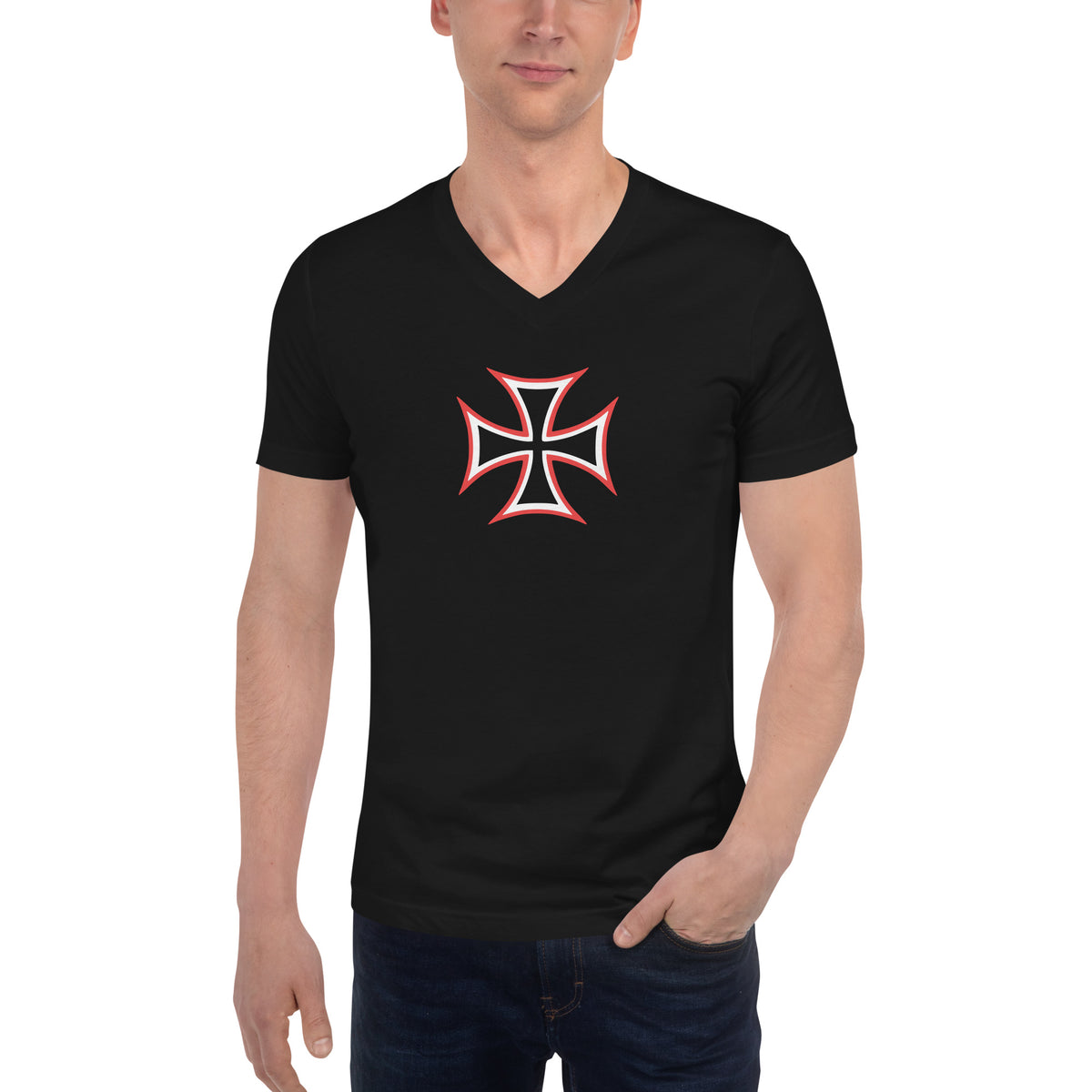 Red White Iron Cross design on unisex V-neck shirt, front view