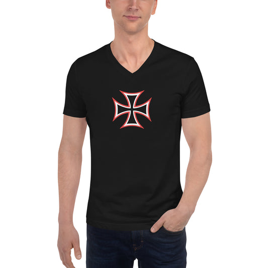 Red White Iron Cross design on unisex V-neck shirt, front view