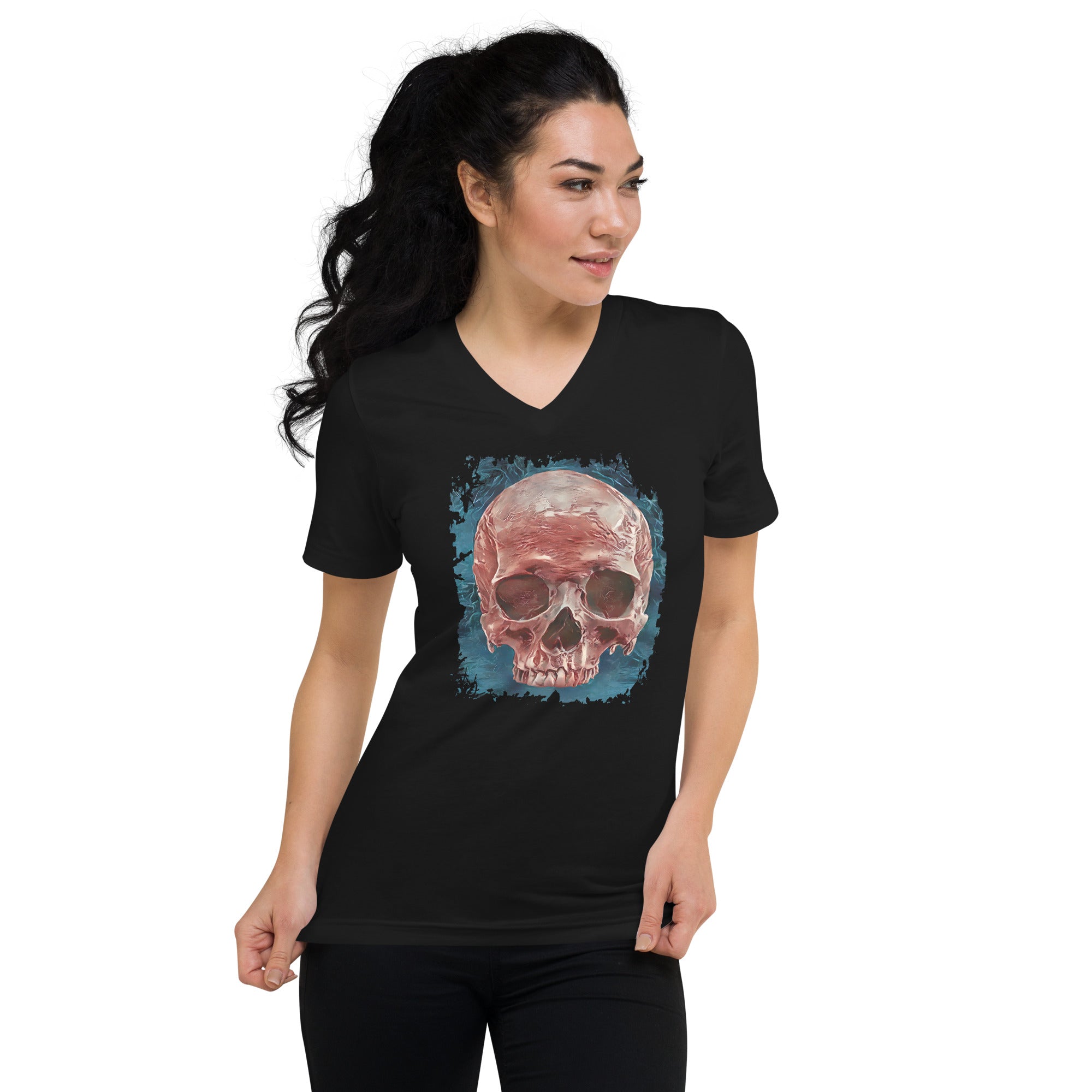 Front Mystical Blood Skull Voodoo Goth Fashion Short Sleeve V-Neck T-Shirt