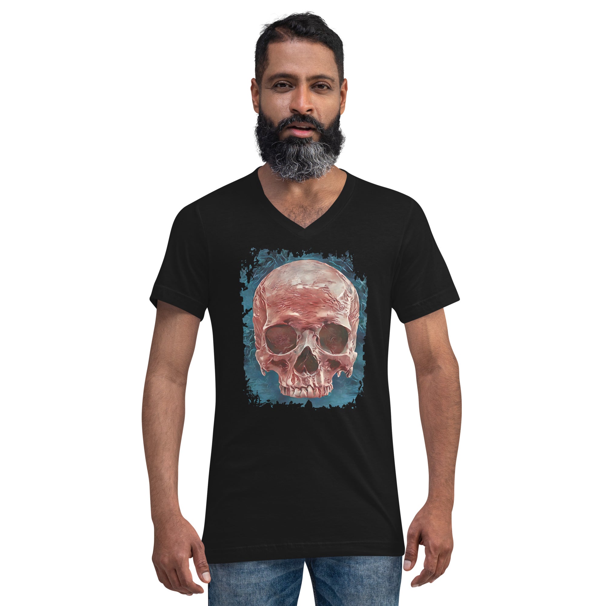Front Mystical Blood Skull Voodoo Goth Fashion Short Sleeve V-Neck T-Shirt