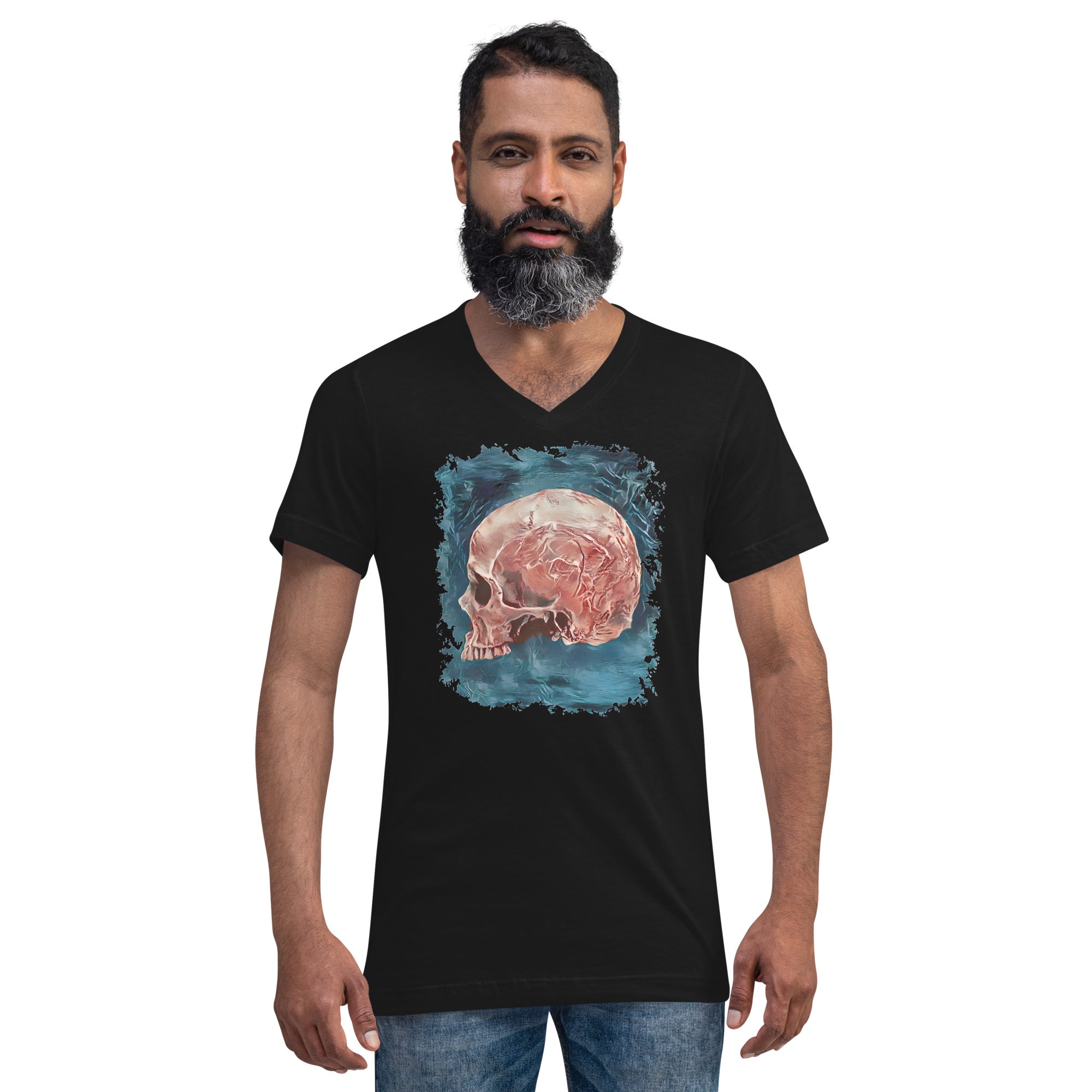 Side of Mystical Blood Skull Voodoo Goth Fashion Short Sleeve V-Neck T-Shirt