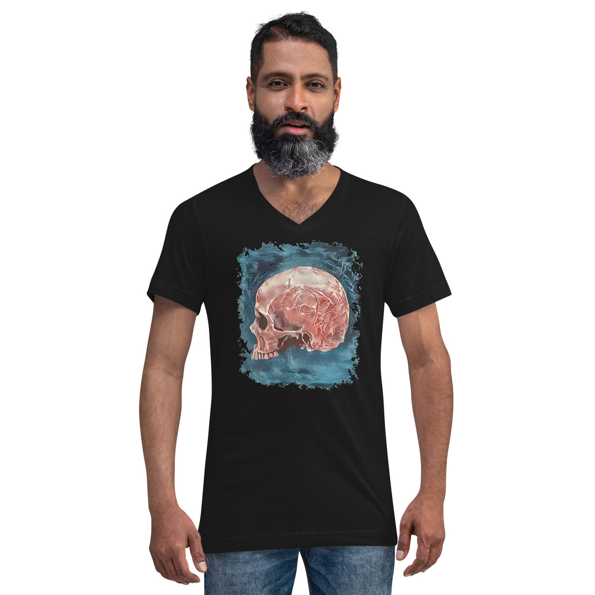 Mystical Blood Skull Side design on unisex V-neck shirt, front view