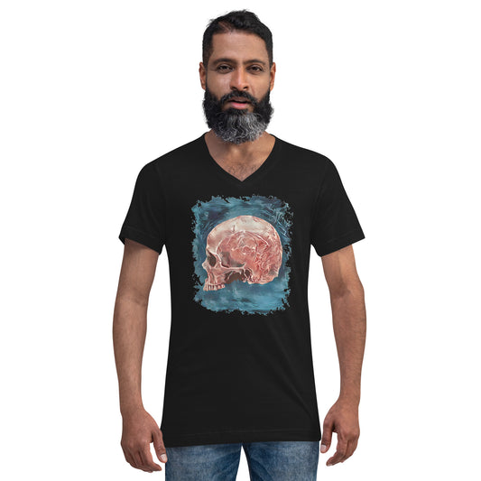 Mystical Blood Skull Side design on unisex V-neck shirt, front view