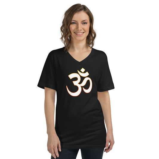Om Sacred Symbol design on unisex V-neck shirt, front view