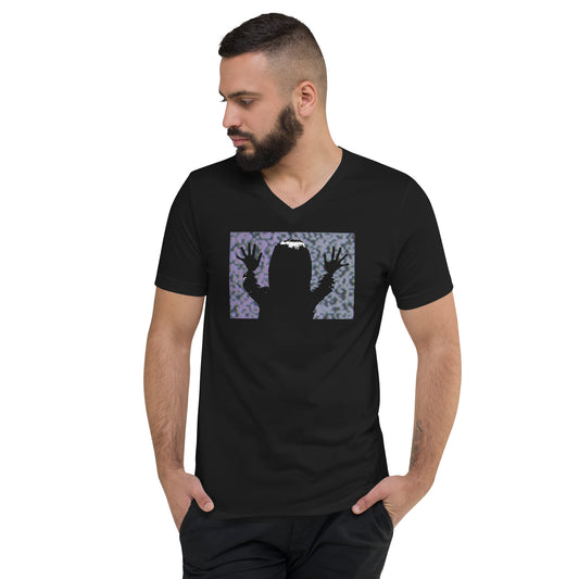 They're Here Poltergeist design on unisex V-neck shirt, front view