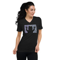 They're Here Poltergeist design on unisex V-neck shirt, front view