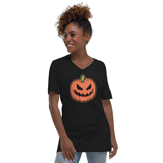 Scary Jack O' Lantern design on unisex V-neck shirt, front view