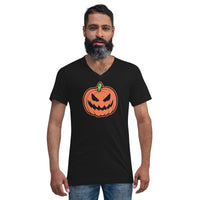 Scary Jack O' Lantern design on unisex V-neck shirt, front view