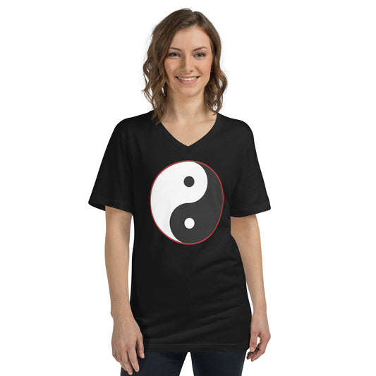 Yin Yang Symbol design on unisex V-neck shirt, front view