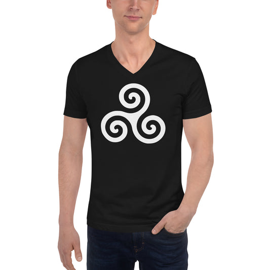 White Triskelion design on unisex V-neck shirt, front view