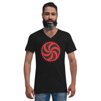 Red Deadly Swirl design on unisex V-neck shirt, front view