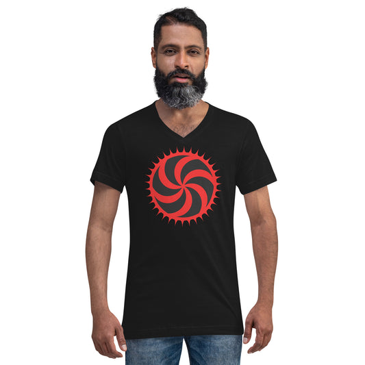 Red Deadly Swirl design on unisex V-neck shirt, front view