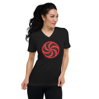 Red Deadly Swirl design on unisex V-neck shirt, front view
