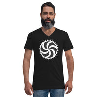 White Deadly Swirl design on unisex V-neck shirt, front view