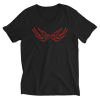 Red Falling Sparrows design on unisex V-neck shirt, front view