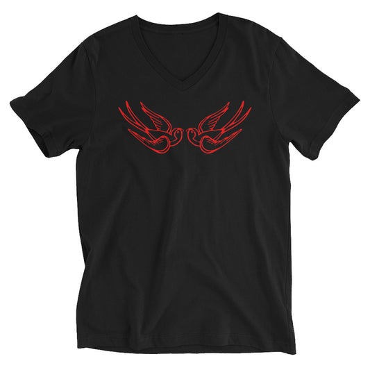 Red Falling Sparrows design on unisex V-neck shirt, front view