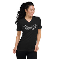 White Falling Sparrows design on unisex V-neck shirt, front view