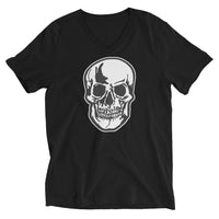 Halloween Human Skull design on unisex V-neck shirt, front view