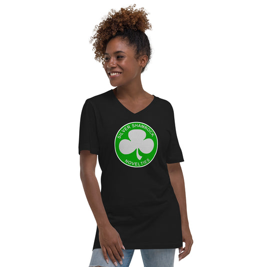 Silver Shamrock Novelties design on unisex V-neck shirt, front view