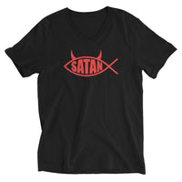 Red Satan Fish design on unisex V-neck shirt, front view