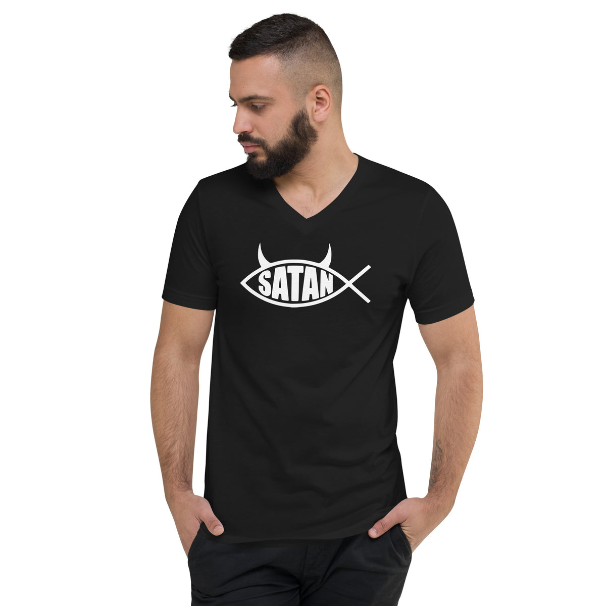 White Satan Fish design on unisex V-neck shirt, front view
