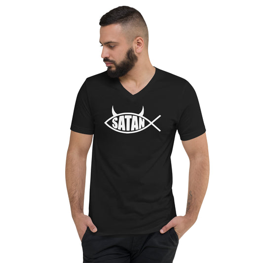 White Satan Fish design on unisex V-neck shirt, front view