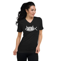 White Satan Fish design on unisex V-neck shirt, front view