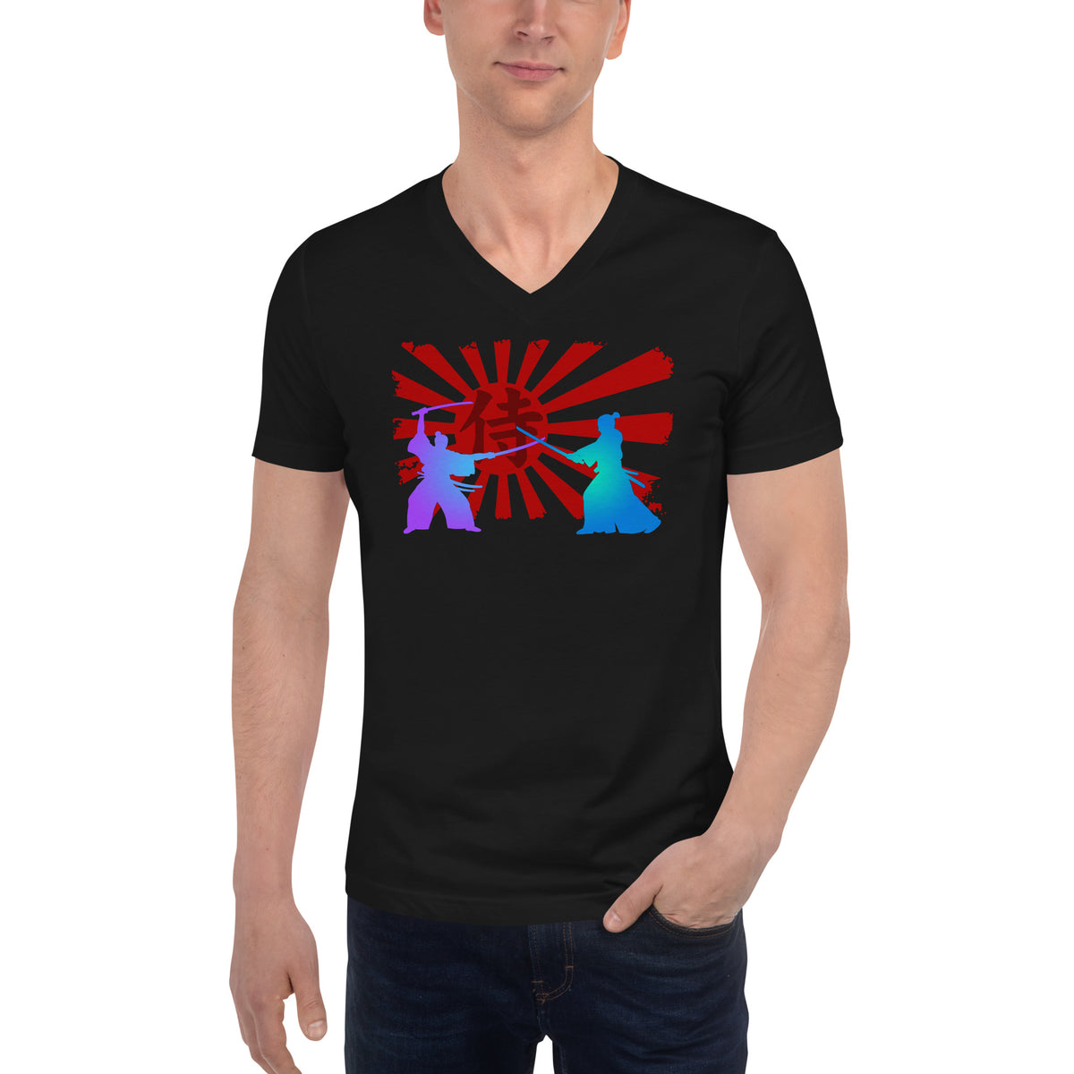 Samurai Duel Rising Sun design on unisex V-neck shirt, front view