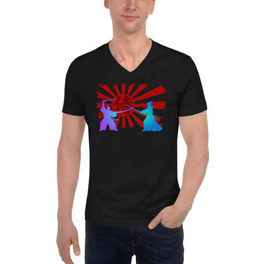 Samurai Duel Rising Sun design on unisex V-neck shirt, front view