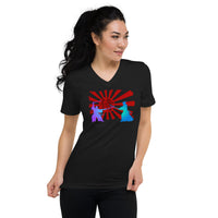Samurai Duel Rising Sun design on unisex V-neck shirt, front view