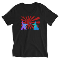 Samurai Duel Rising Sun design on unisex V-neck shirt, front view