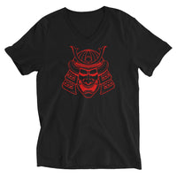 Red Samurai Kabuto Mask design on unisex V-neck shirt, front view