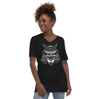 White Samurai Kabuto Mask design on unisex V-neck shirt, front view