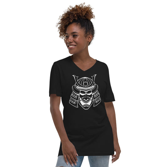 White Samurai Kabuto Mask design on unisex V-neck shirt, front view