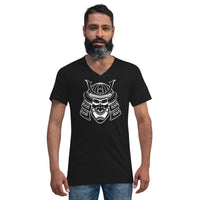 White Samurai Kabuto Mask design on unisex V-neck shirt, front view