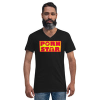 Yellow Red Porn Star Logo design on unisex V-neck shirt, front view