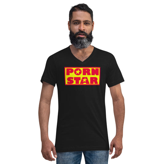 Yellow Red Porn Star Logo design on unisex V-neck shirt, front view
