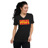 Yellow Red Porn Star Logo design on unisex V-neck shirt, front view